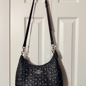Coach Black Embossed Leather Shoulder Bag with Silver Hardware